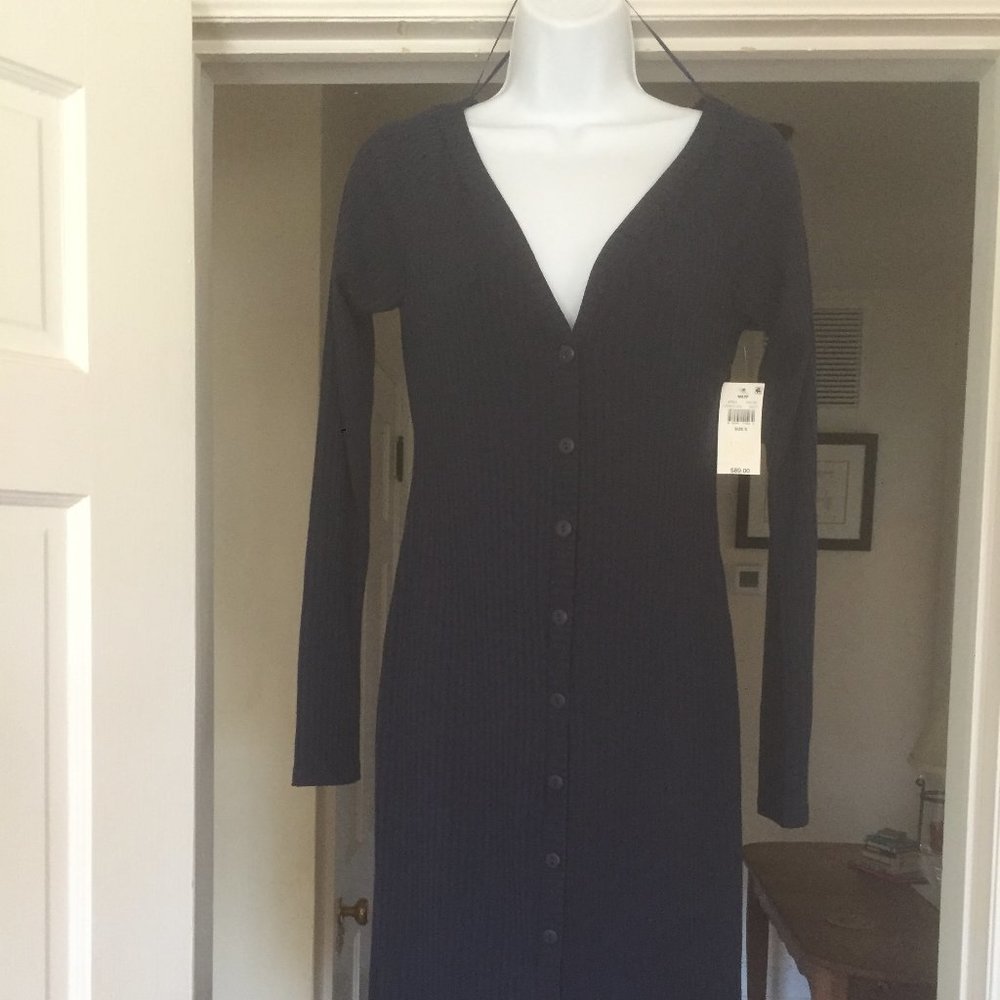 WAYF Blue Deep V-Neck BodyCon Long Sleeve Dress S